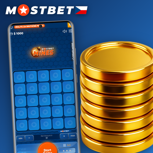 Mostbet Mines herní rozhraní s mřížkou 5x5, drahokamy a násobitelem