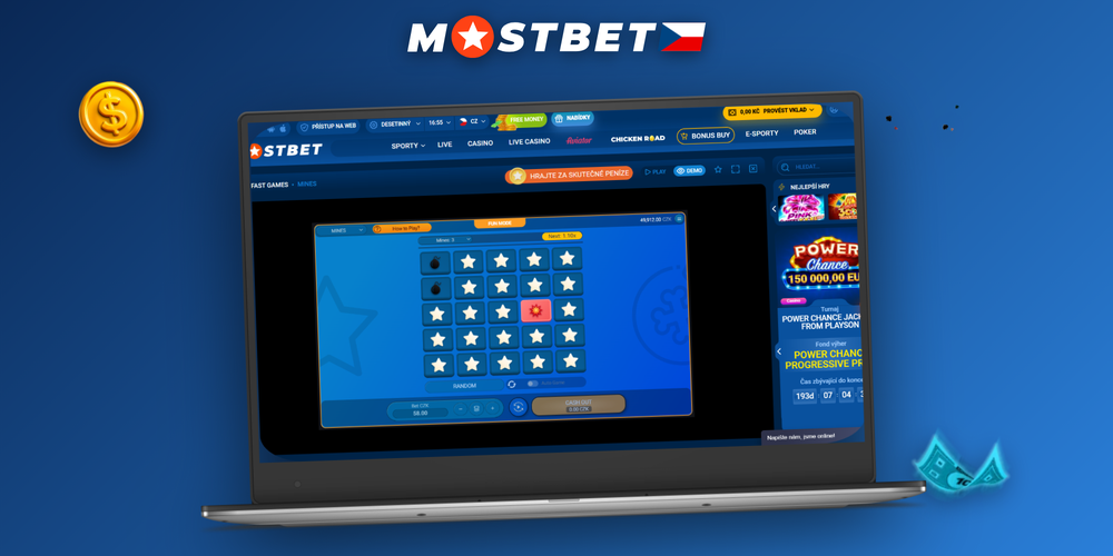 Hráč u notebooku s otevřenou hrou Mostbet Mines a rostoucím násobitelem