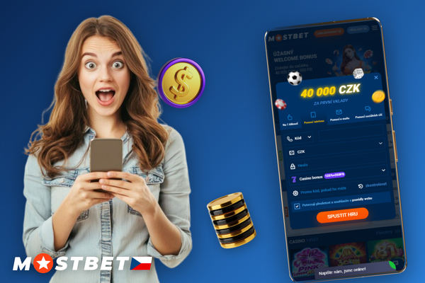 Mostbet aplikace na mobilu zobrazující úspěšné dokončení registrace a uvítací obrazovku